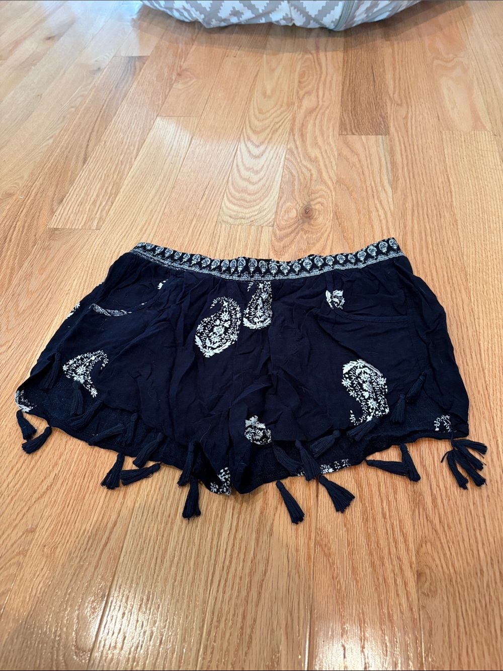 Surf Gypsy Navy Paisley Tassel Hem Shorts